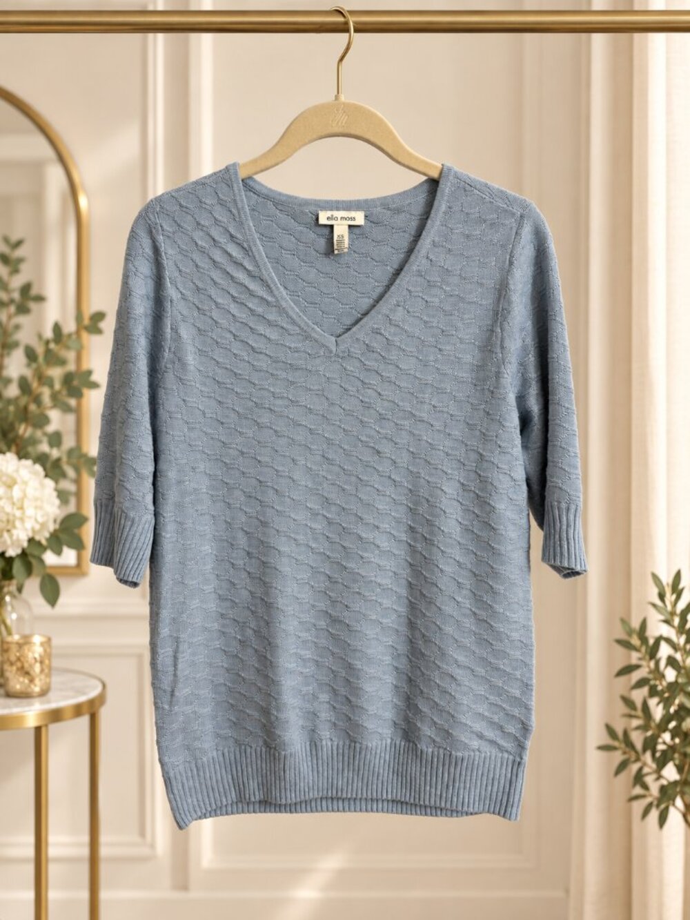 Ella Moss Light Blue Honeycomb Knit V-Neck Elbow Sleeve Sweater XS